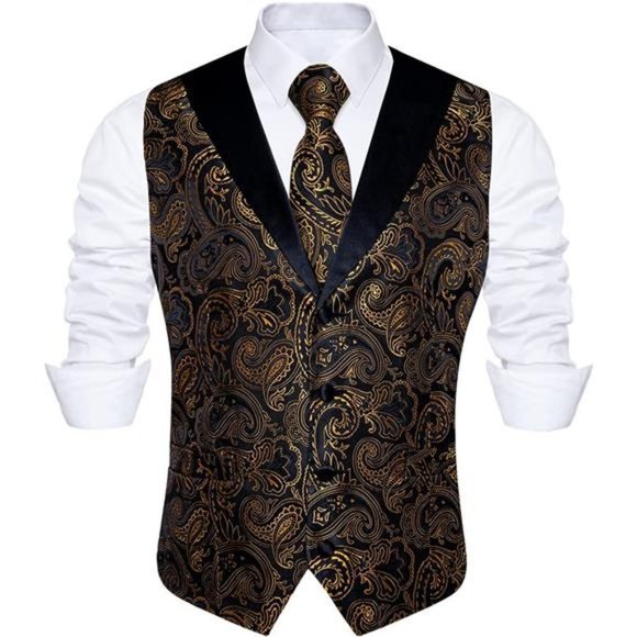 men's Wedding Paisley Suit Vest, Black Gold Slim Fit - Picture 1 of 6